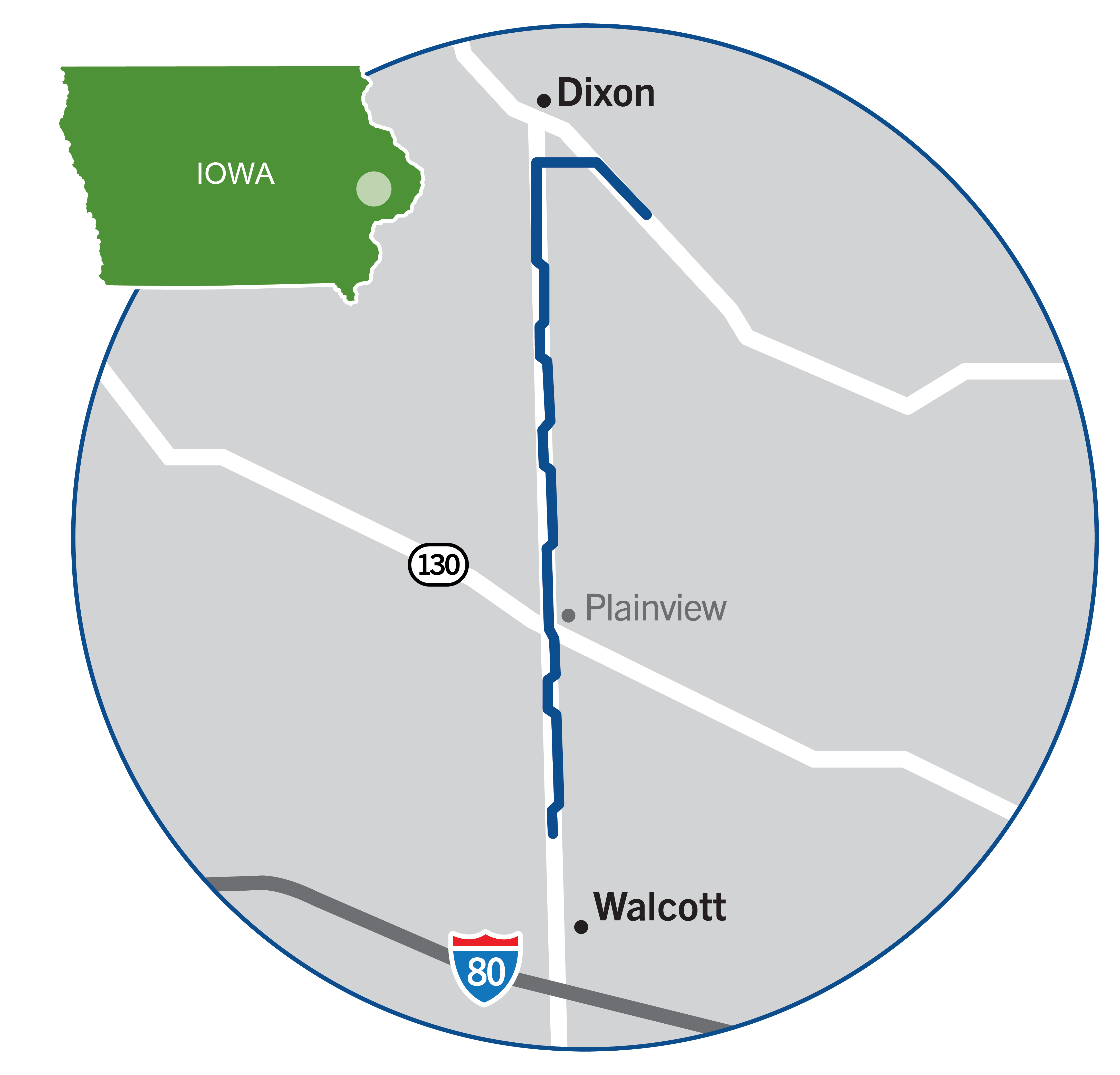 Map showing a route from Dixon to Walcott through Plainview in Scott County, Iowa, with an inset highlighting the region within the state of Iowa.
